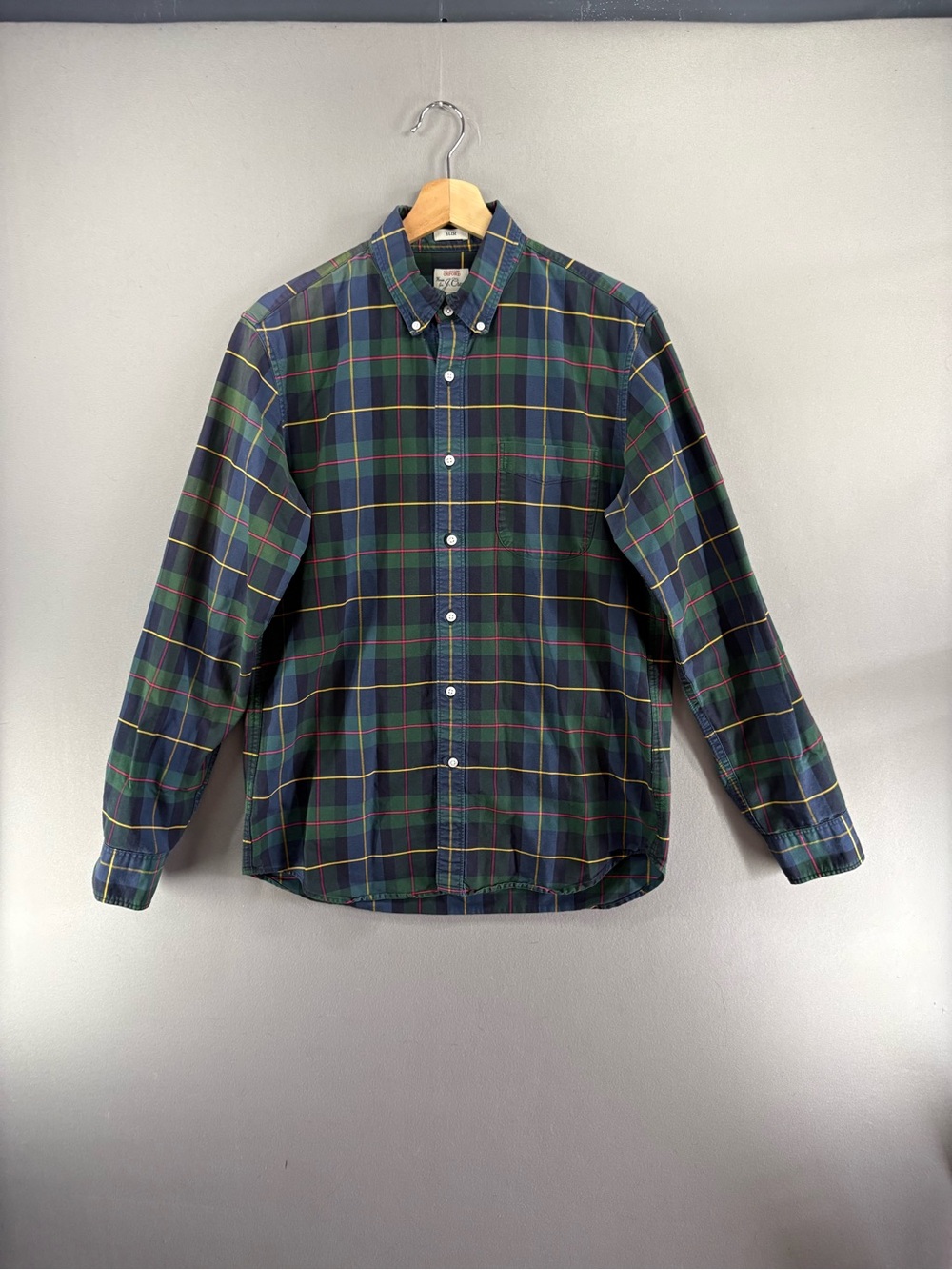 J.Crew Pima 100% Cotton Button Down Oxford Men M Slim Plaid Tartan Green Preppy